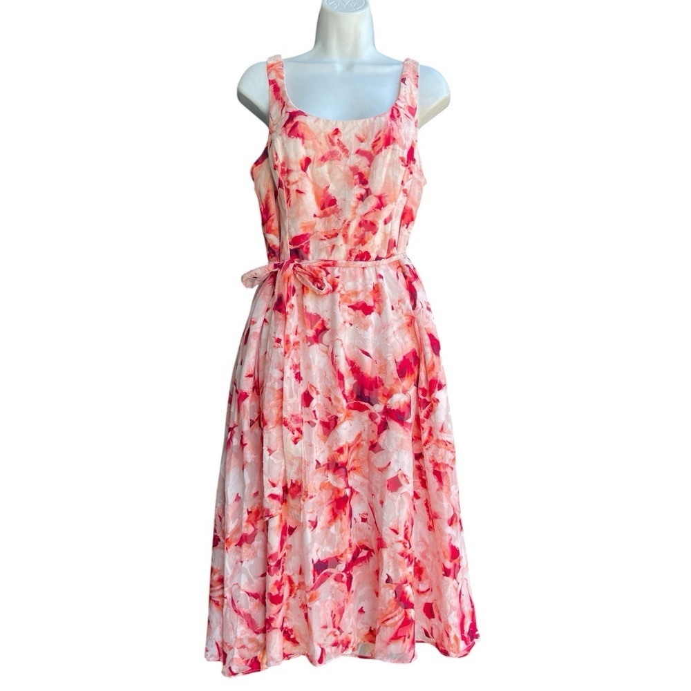 Luxe by Carmen Marc Valvo Pink Jacquard Floral Dress 14 Belted Waist Sleeveless